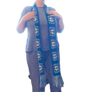 Granny Square Scarf Teal Blue, White and Brown UNISEX 63 x 5 inches